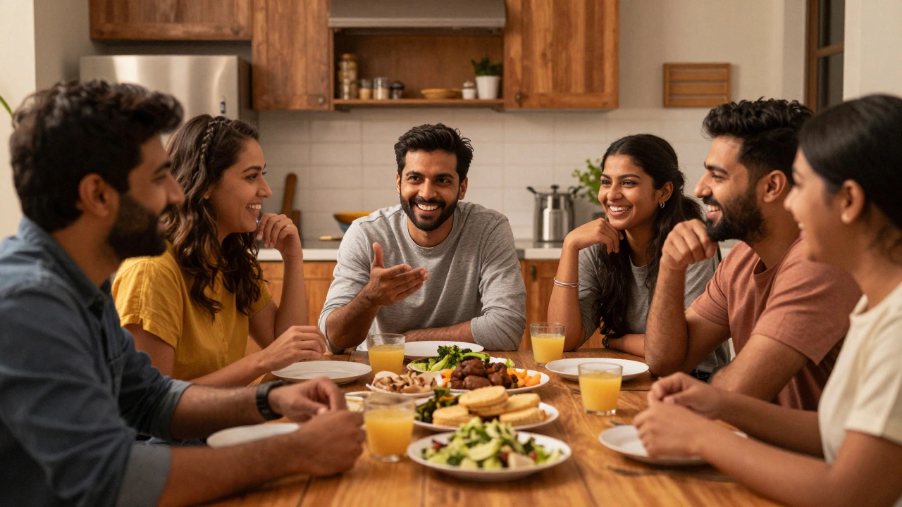 Group of friends laughing and talking comfortably in a casual social setting