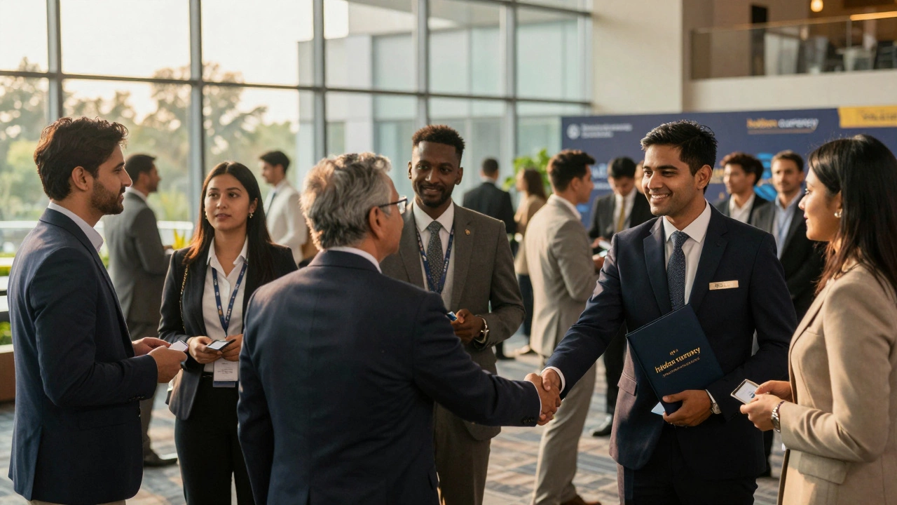 MBA graduate networking with executives at a prestigious corporate event