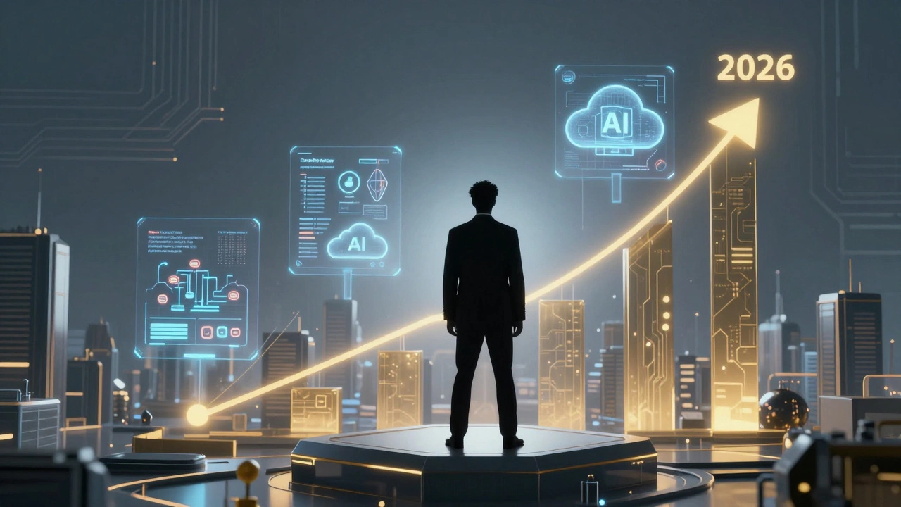 Professional developer overlooking a futuristic tech cityscape with AI tools.