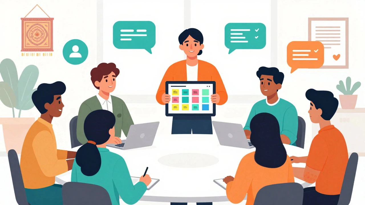 Project manager leading an agile team meeting with digital collaboration tools