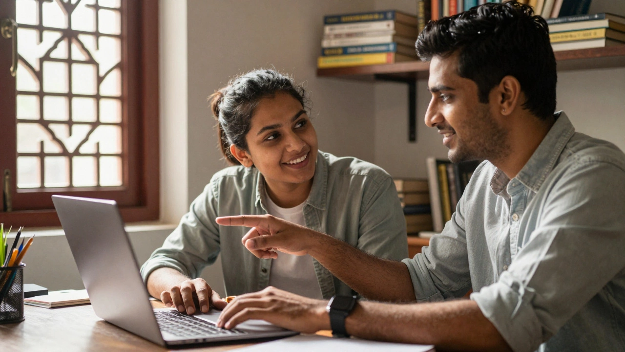 Two people collaborating and pair-programming on a laptop