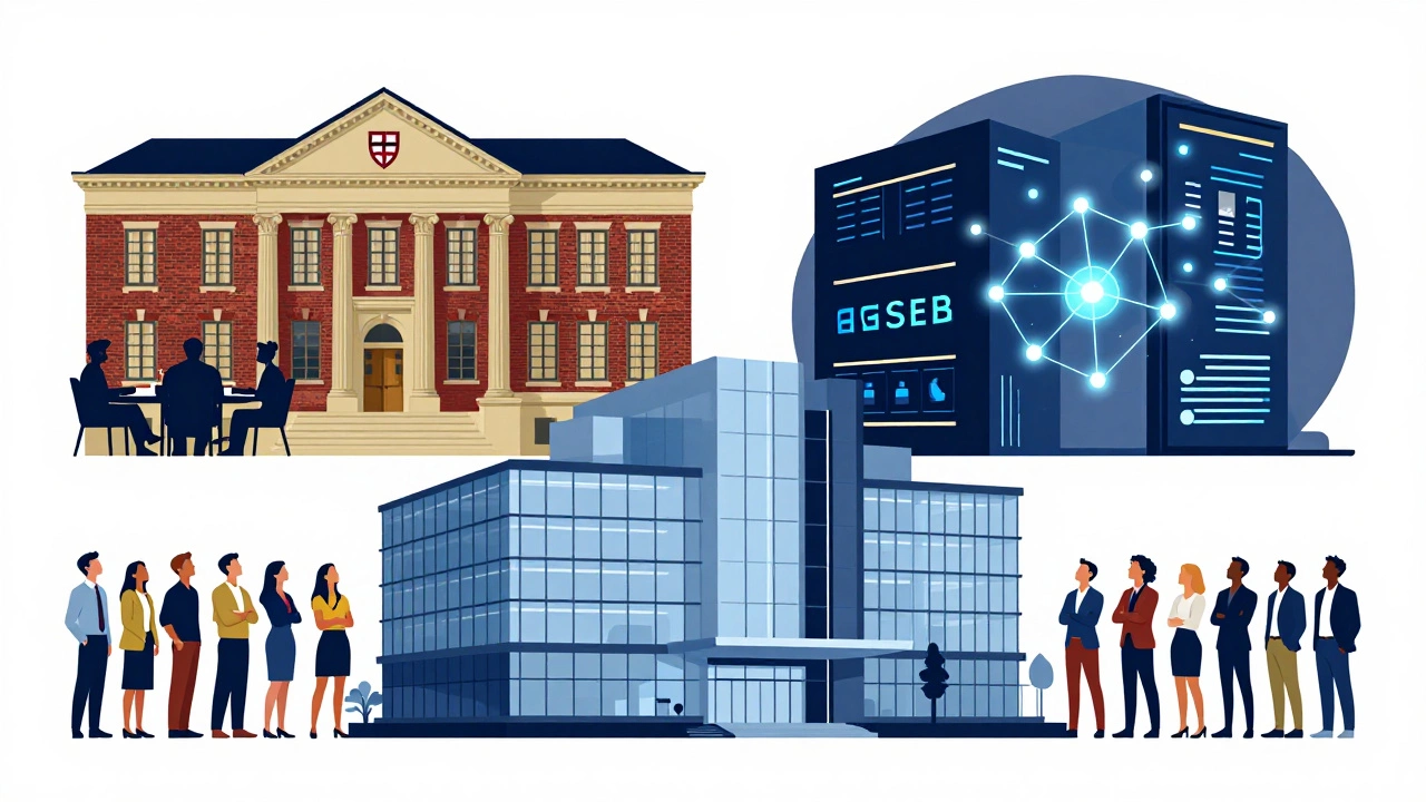 Illustration of three elite business school archetypes and aspirants