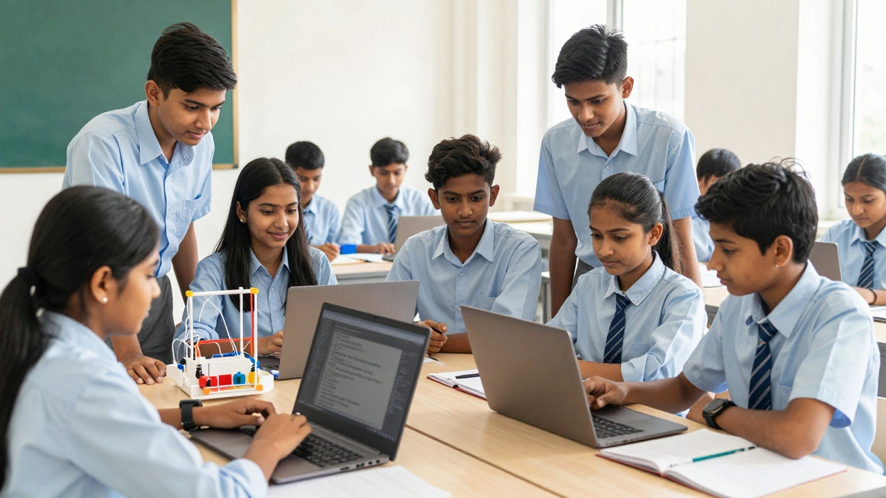 Indian students collaborating on a tech project in a sunny classroom