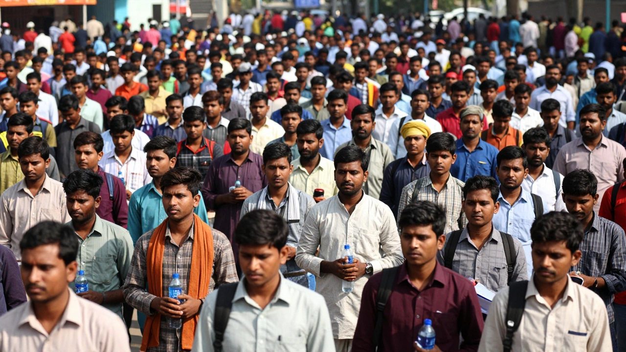 Massive crowd of applicants waiting outside an exam center