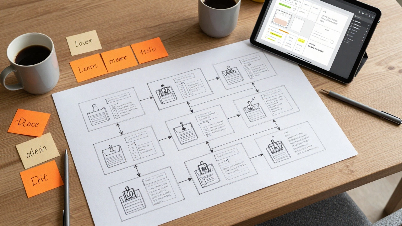 Overhead view of storyboards and wireframes for eLearning course design