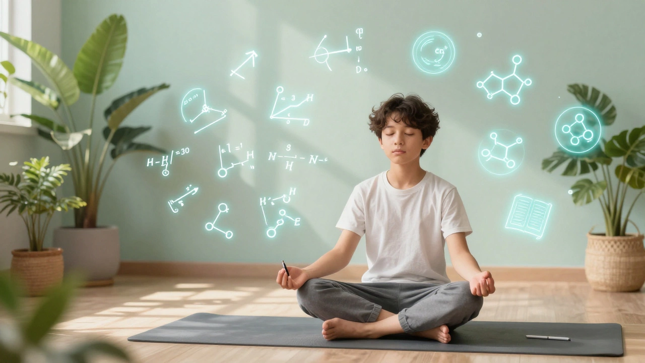 Student meditating with floating academic concepts around him