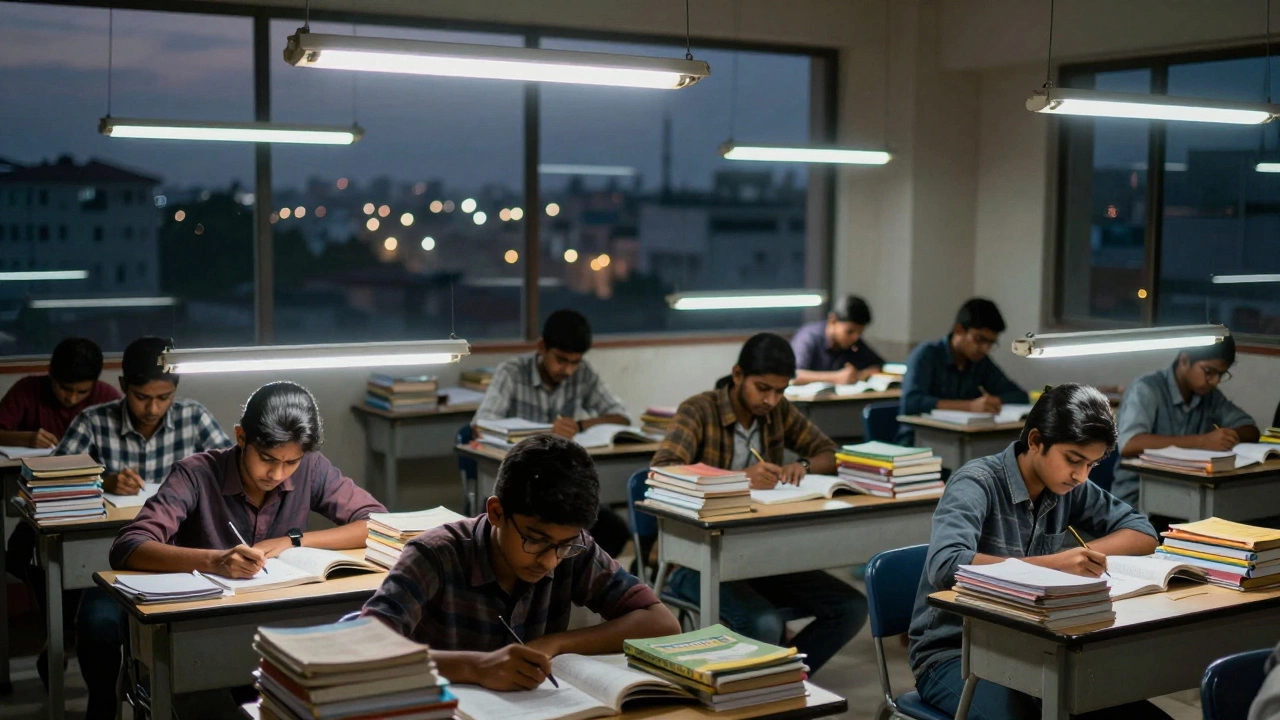 Students studying intensely in a crowded Indian coaching center