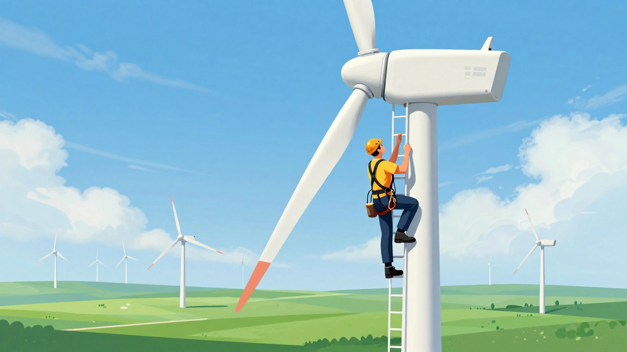 Wind turbine technician climbing tower for maintenance