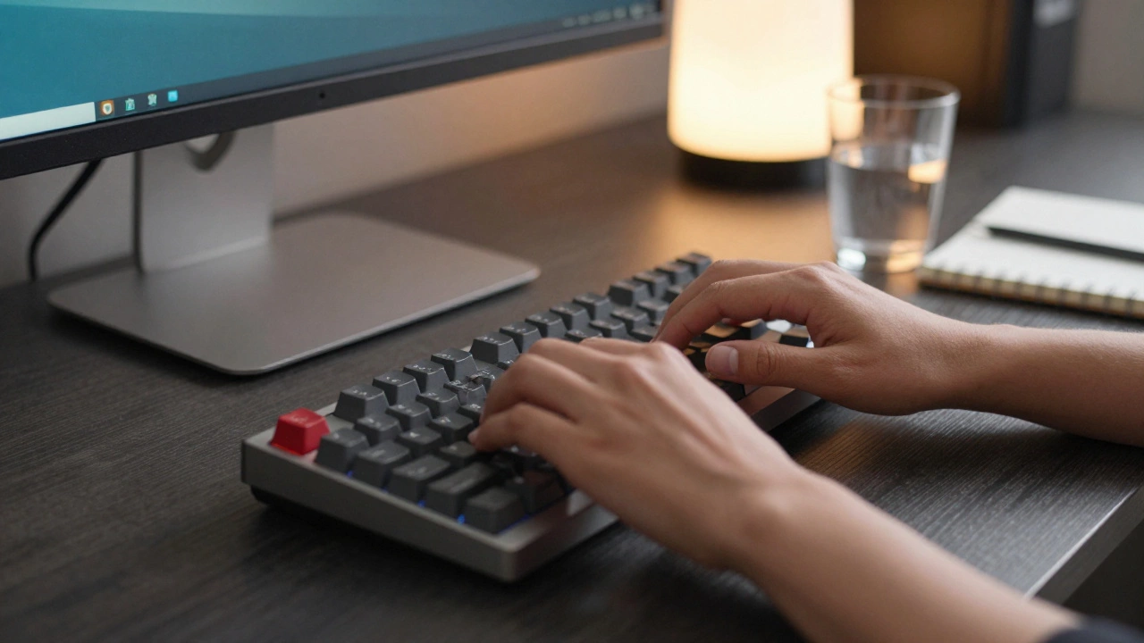 Close-up of hands typing on ergonomic keyboard with proper posture