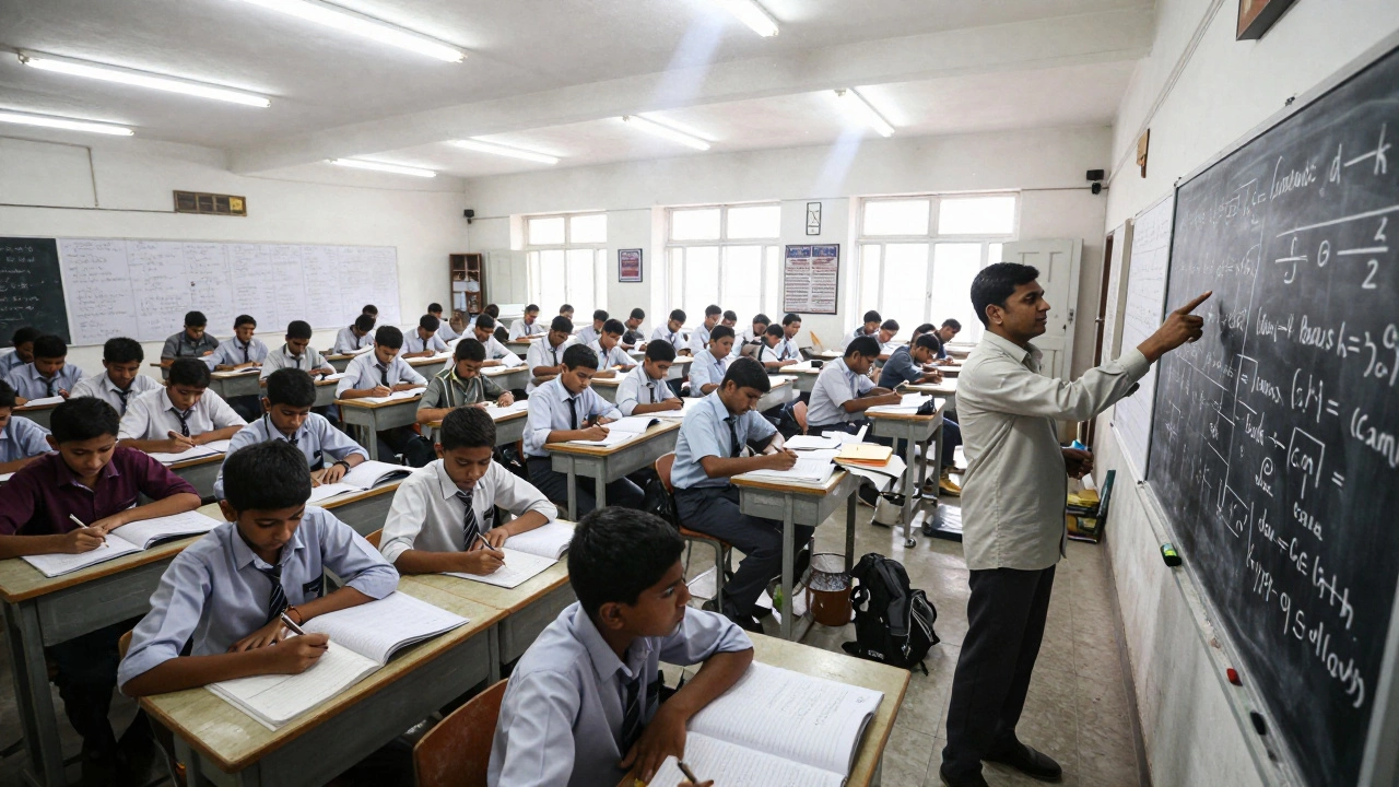 Crowded classroom with students solving math problems