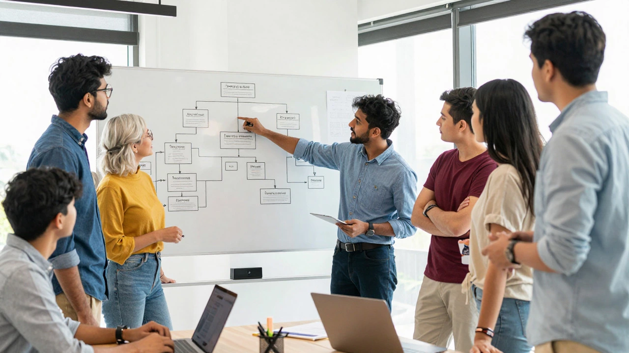 Diverse team of developers collaborating on system architecture in a bright workspace