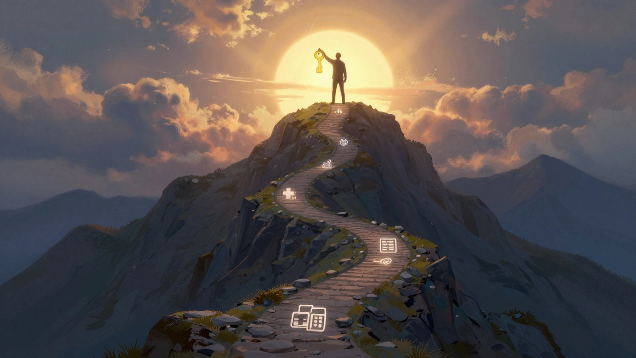 Figure standing triumphantly atop a mountain holding a glowing certification badge