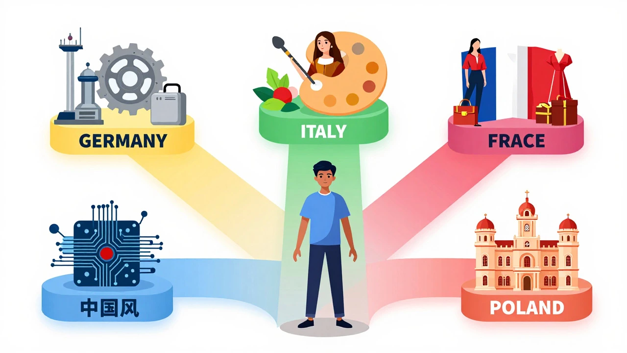 Illustration showing study abroad options in Europe and Asia