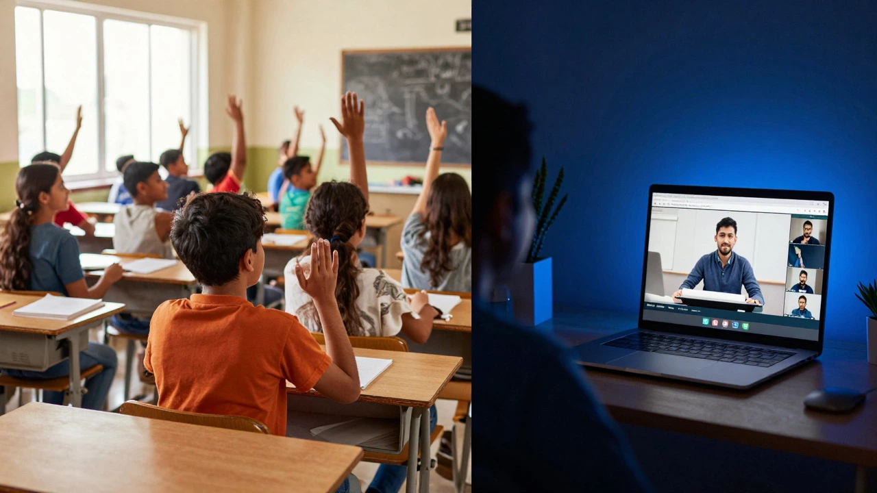 Split view comparing crowded offline classroom with quiet online study