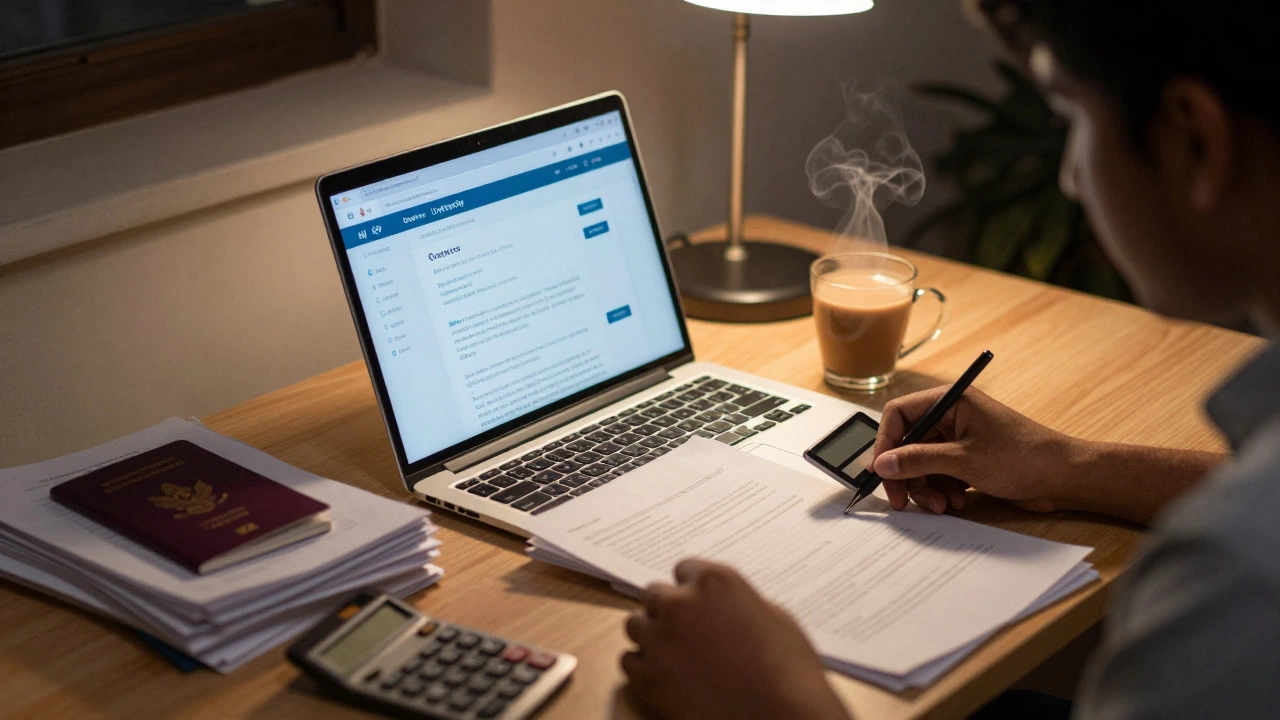 Student planning finances for international education at night