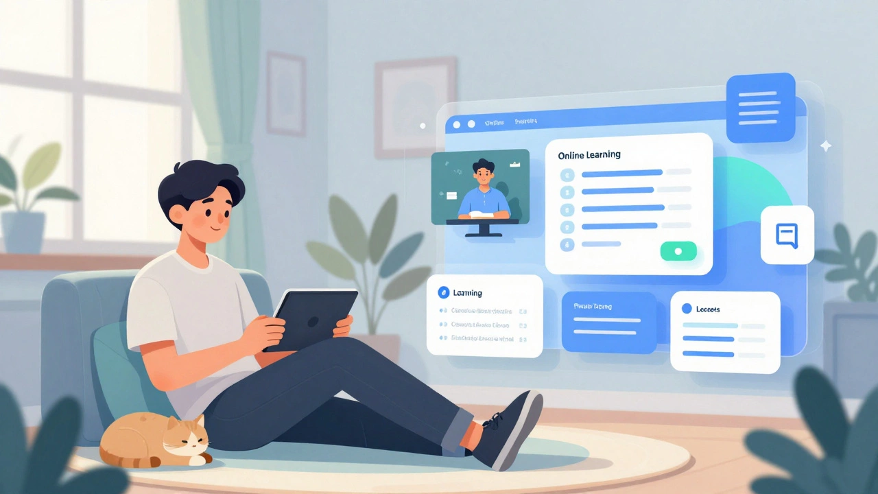 Student studying online at home with tablet