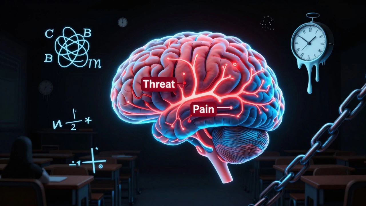 Surreal illustration of a brain reacting to math anxiety with red threat signals
