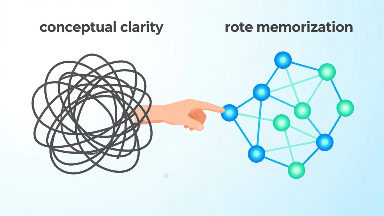 Abstract illustration connecting knowledge nodes versus chaotic rote lines