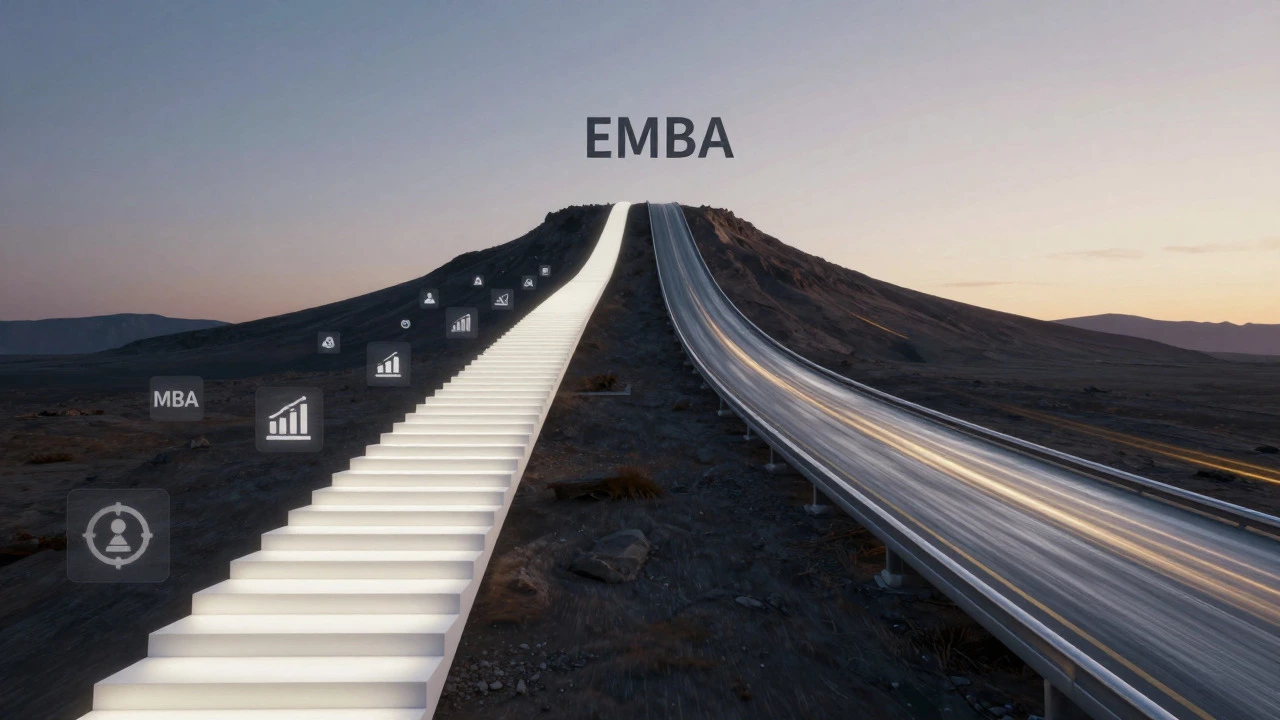 Abstract visual of two career paths: a steep staircase for MBA and a smooth highway for EMBA