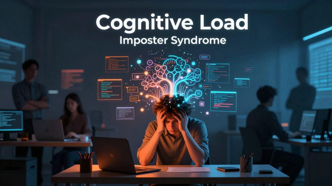 Abstract visualization of cognitive load and imposter syndrome surrounding a stressed coder.