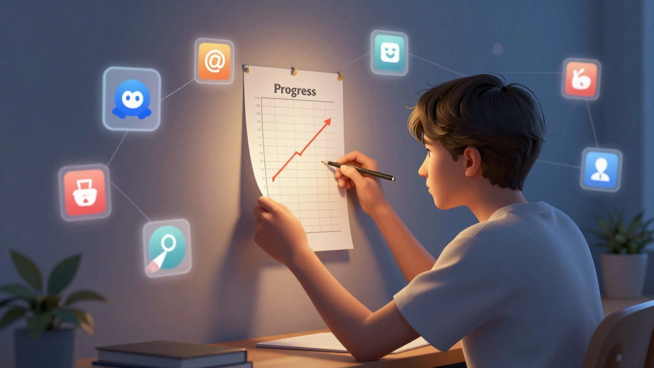 Determined student reviewing progress chart with digital community support