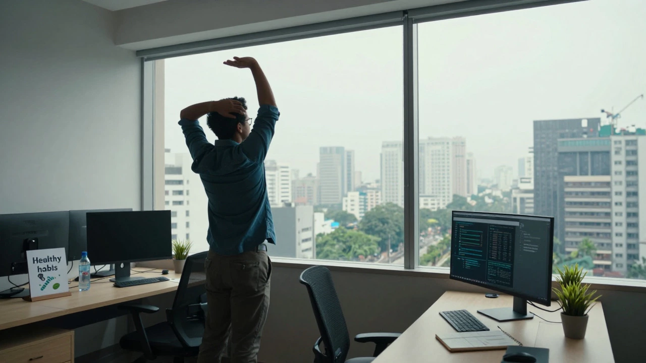 Developer stretching by a window in a bright office, practicing healthy work-life balance.