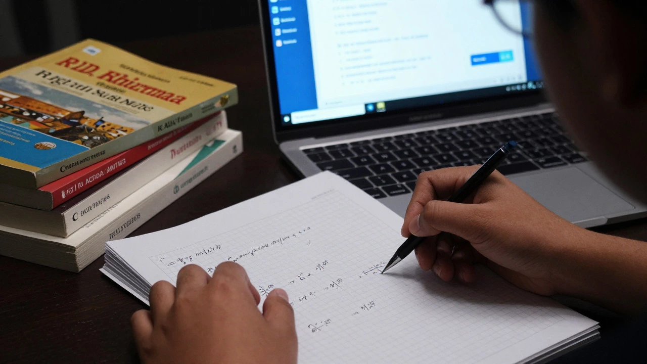 Hands solving math problems with reference books and online test screen