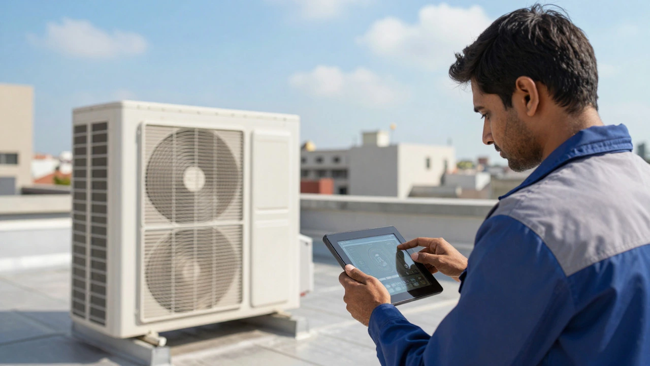 HVAC technician using a tablet to diagnose AC unit on rooftop