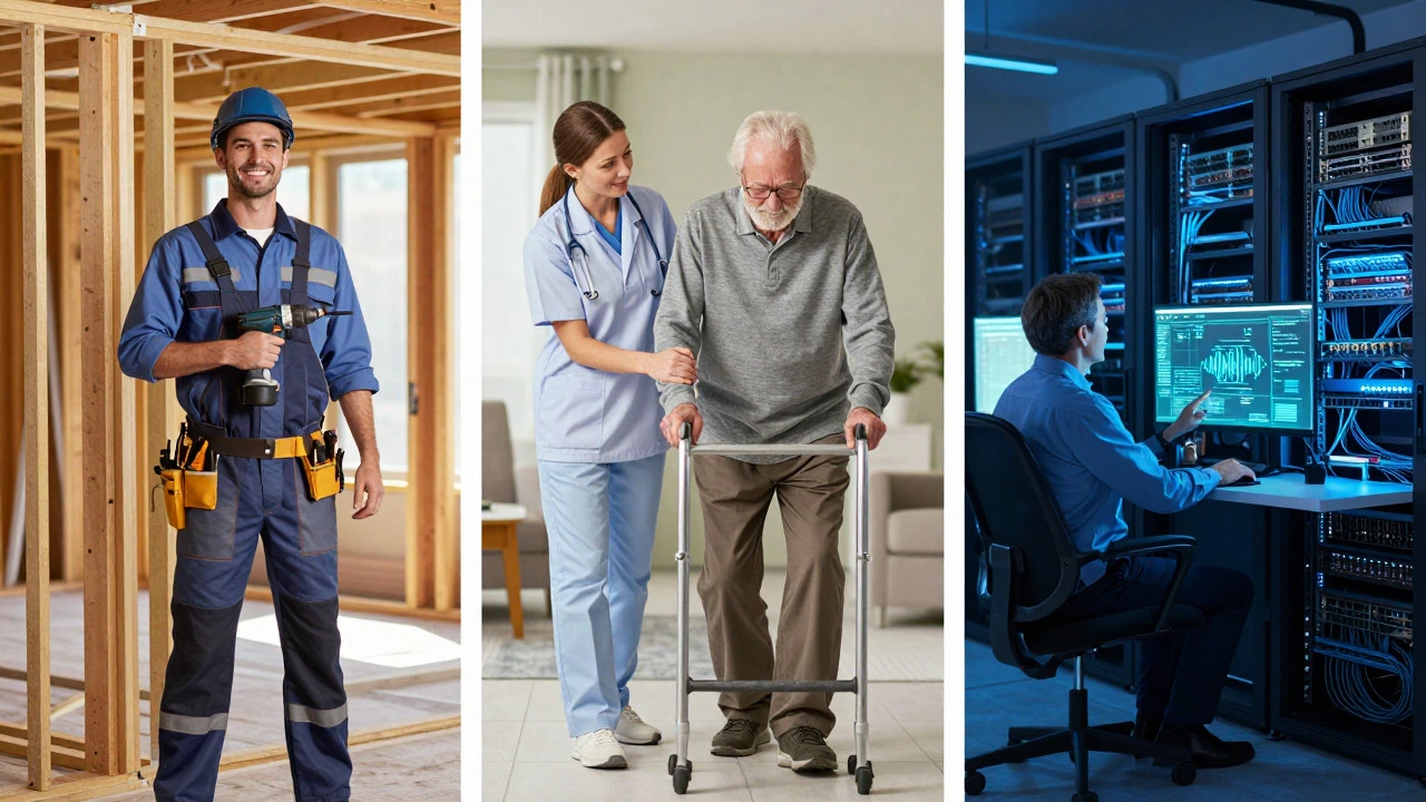 Illustration of electrician, aged care worker, and IT specialist representing top careers