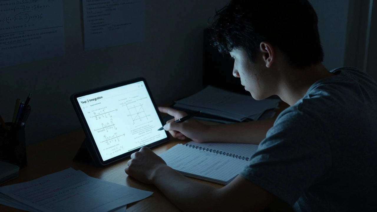 Student analyzing mock tests on a tablet under blue light