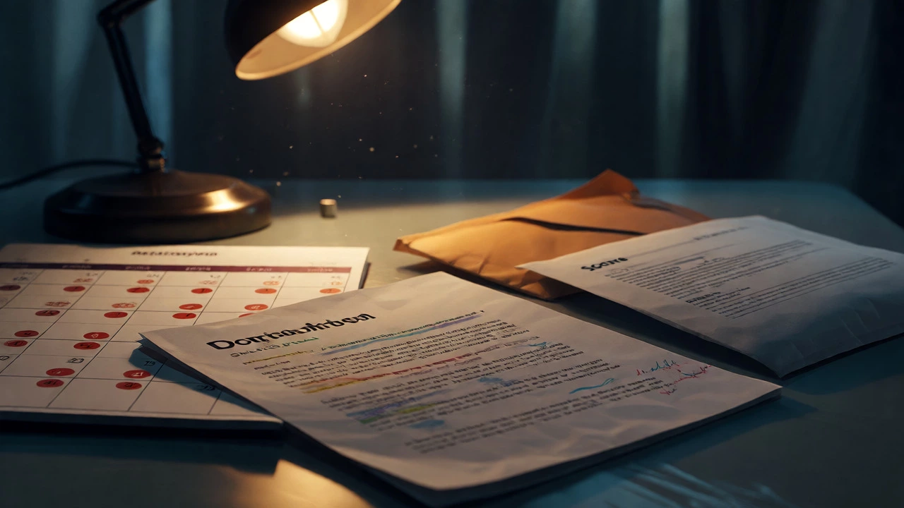 Application documents and score reports on a desk under lamp light