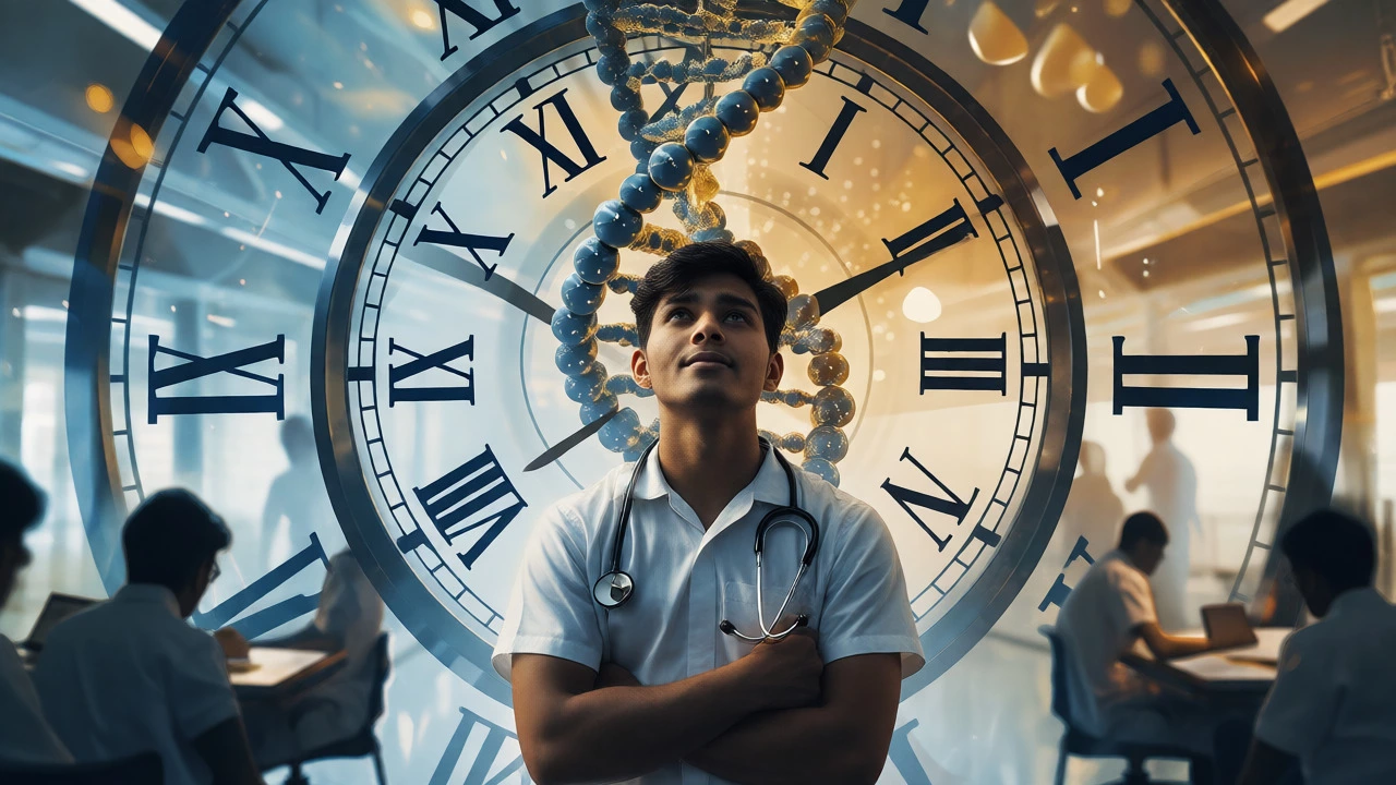 Aspirant visualizing success with a clock and DNA helix background