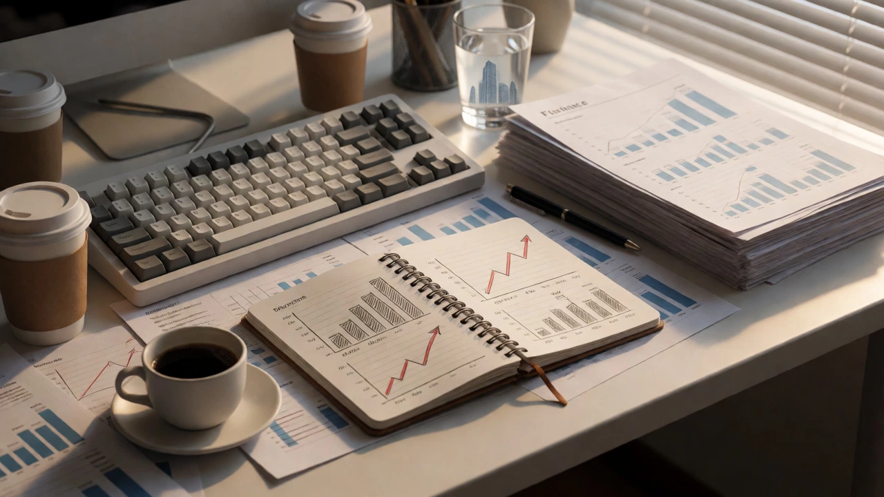 Close up of finance desk with reports and coffee