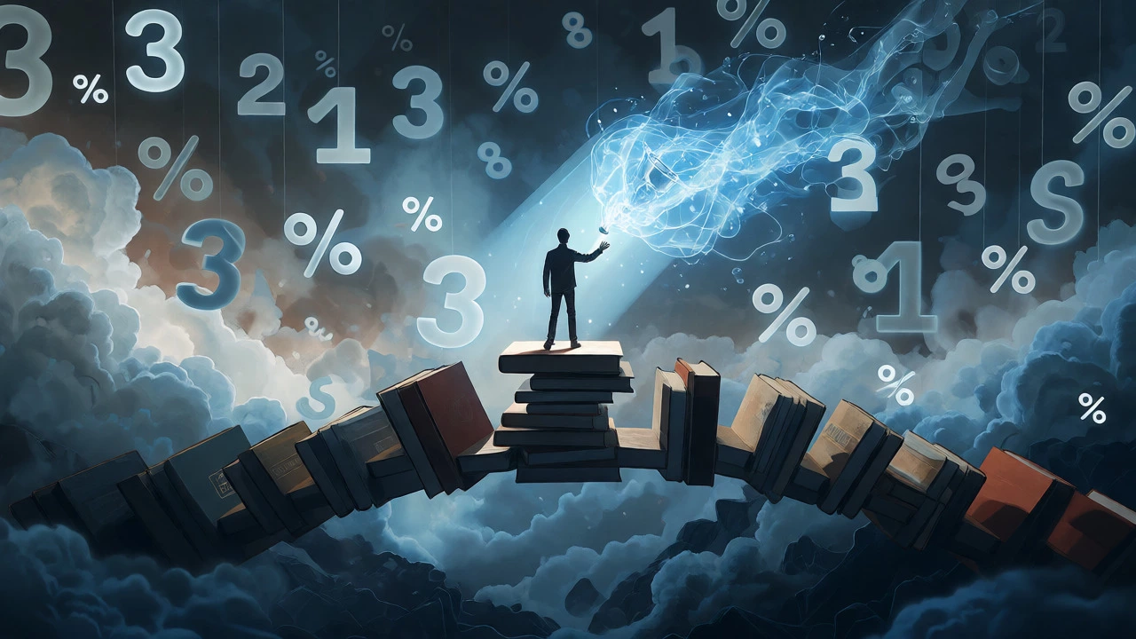 Conceptual art of student balancing on books over abyss