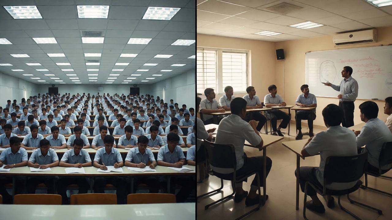 Contrast between large rigid classrooms and smaller interactive learning spaces