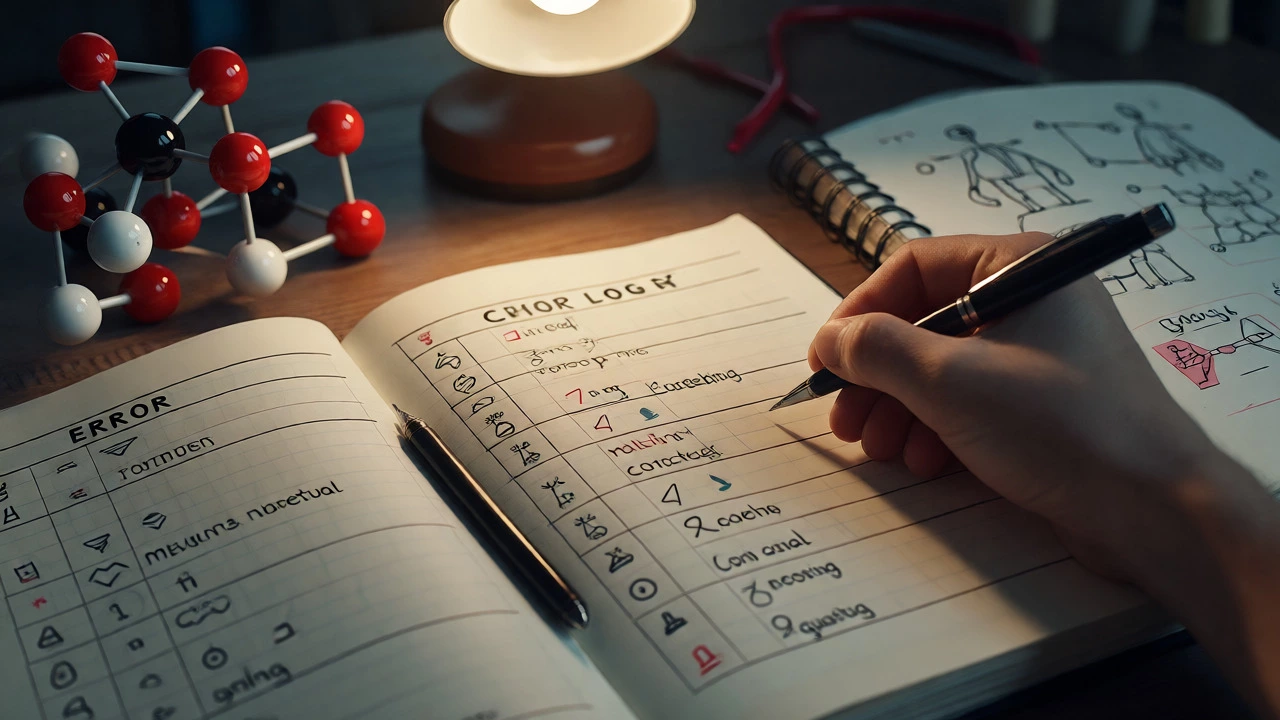 Hand analyzing an error log notebook next to science study materials