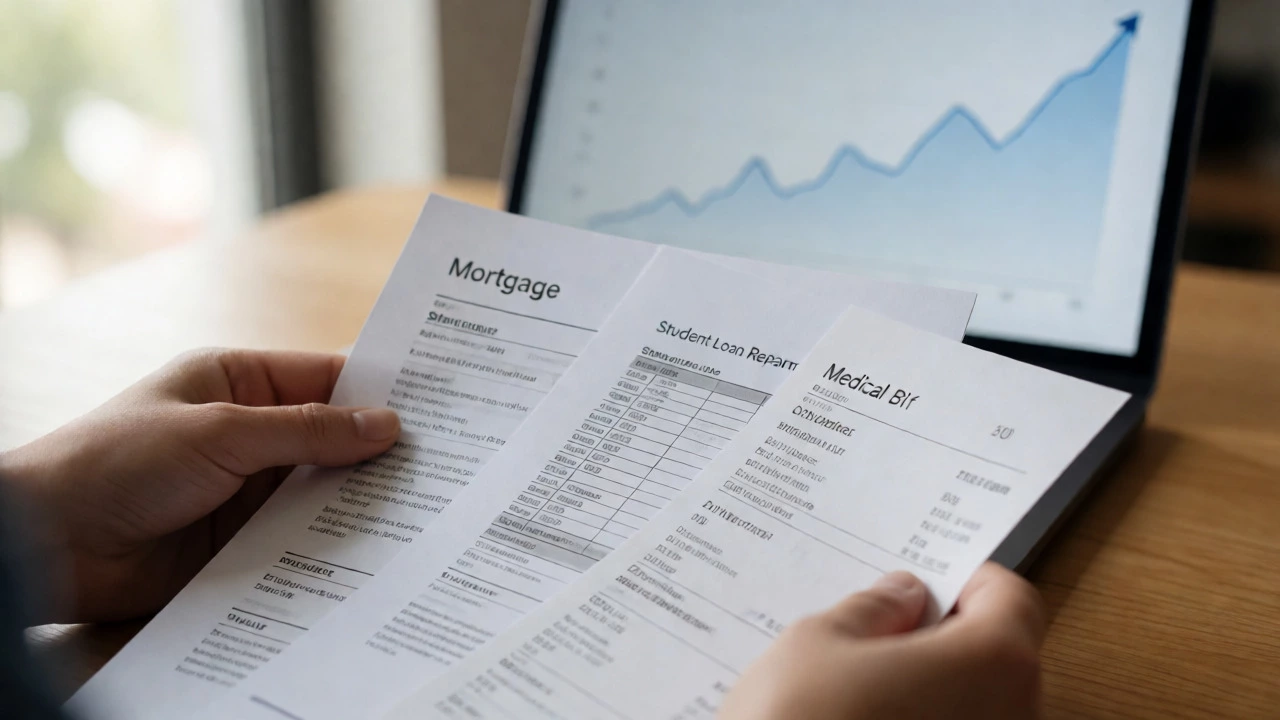 Hands organizing financial documents like loans and receipts