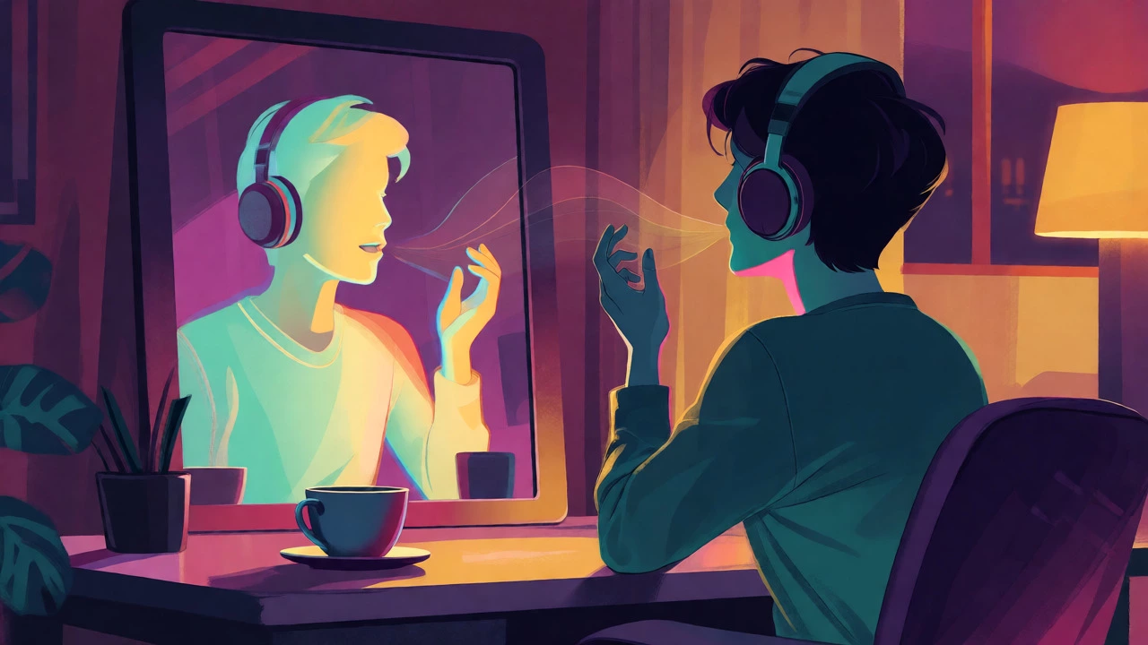 Person practicing shadowing with headphones