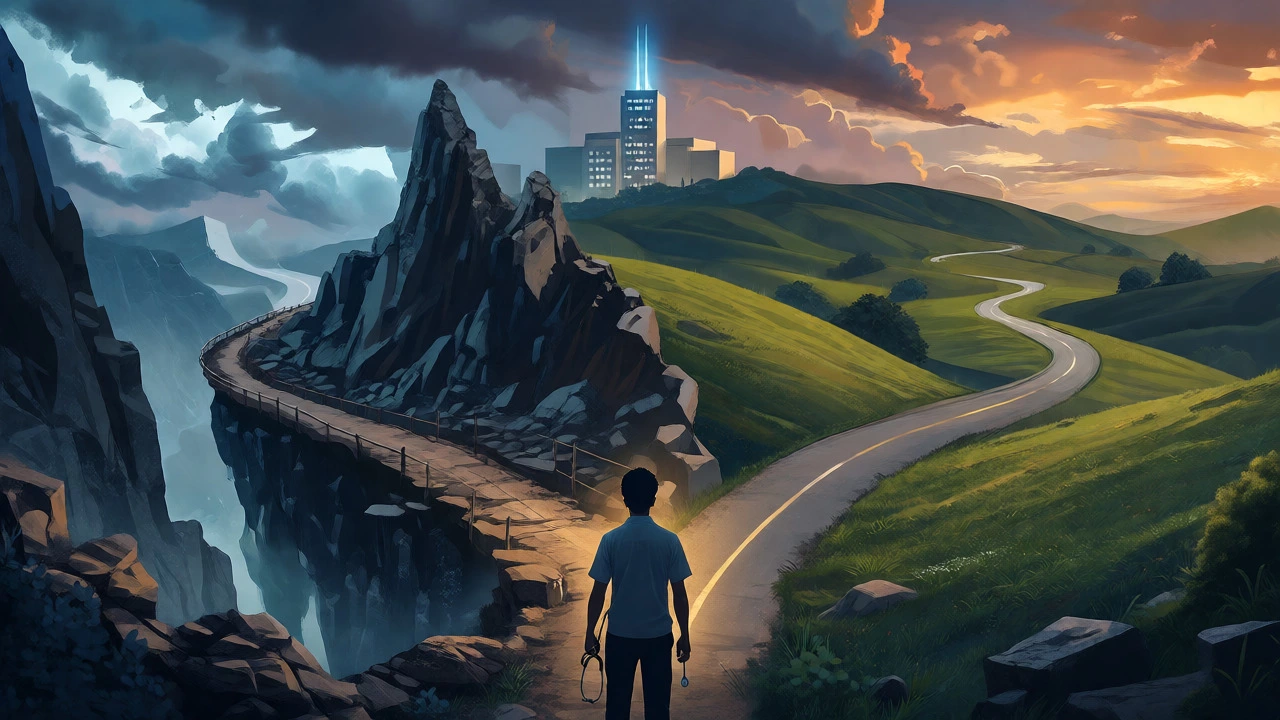 Silhouette of student at crossroads choosing between two paths to medical school