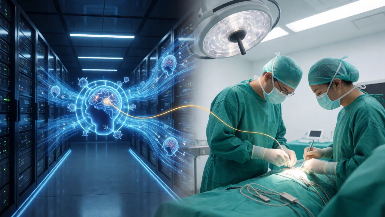 Split view of tech data servers and surgical medical team