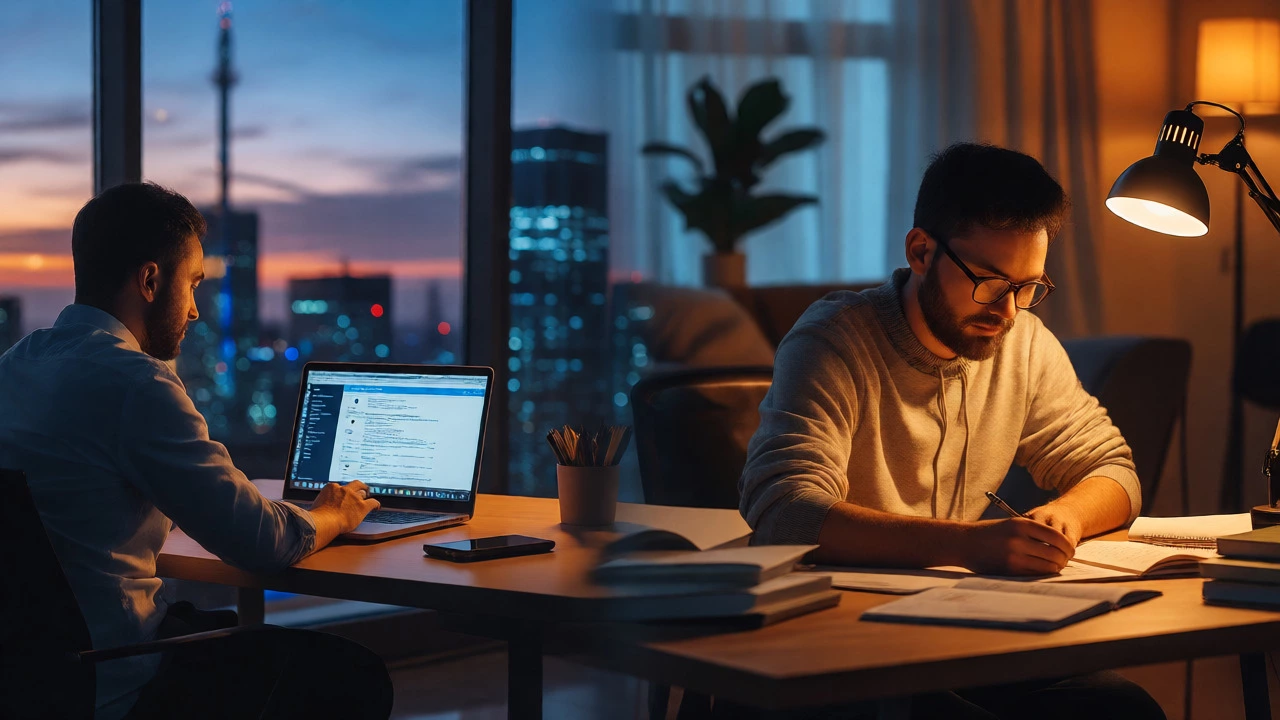 Split view showing a remote freelancer at home and a junior developer studying late.