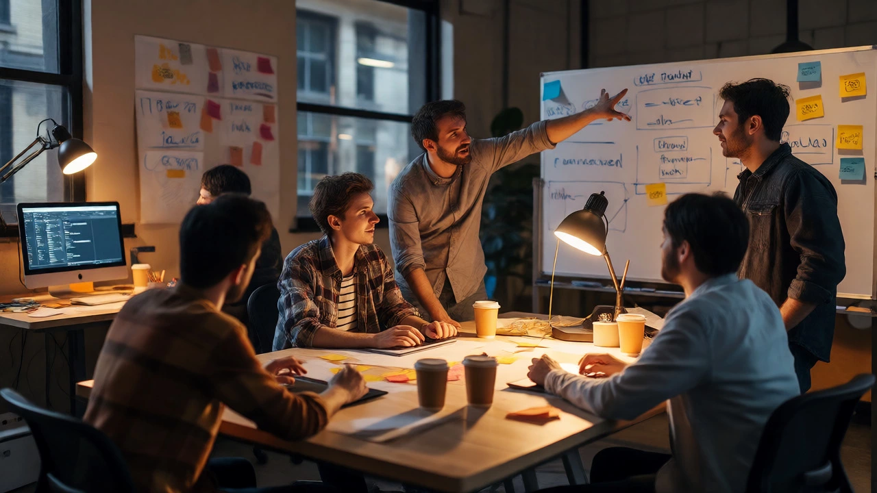 Startup team collaborating intensely late at night during a product launch crunch.