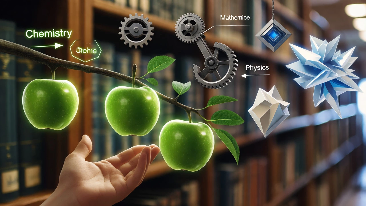 Conceptual art showing easy Chemistry fruits vs hard Physics and Math objects