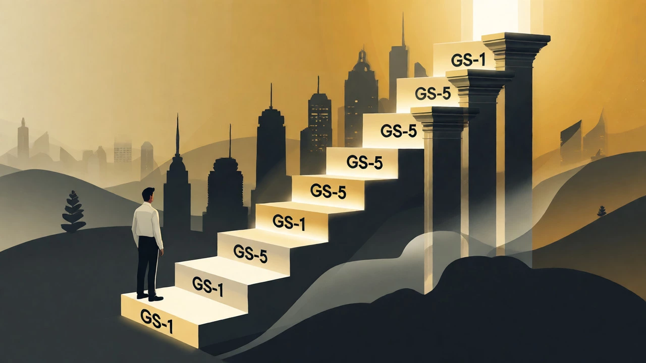 Conceptual illustration of a glowing pay ladder with city silhouettes indicating locality pay.