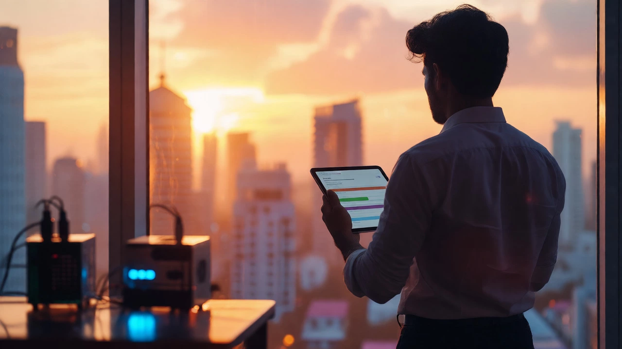 Individual reflecting on completed IT course progress against a city sunset backdrop.