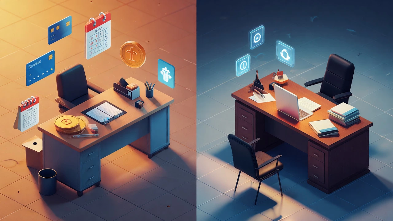 Isometric view comparing a secure government desk with benefits against a private sector workspace.