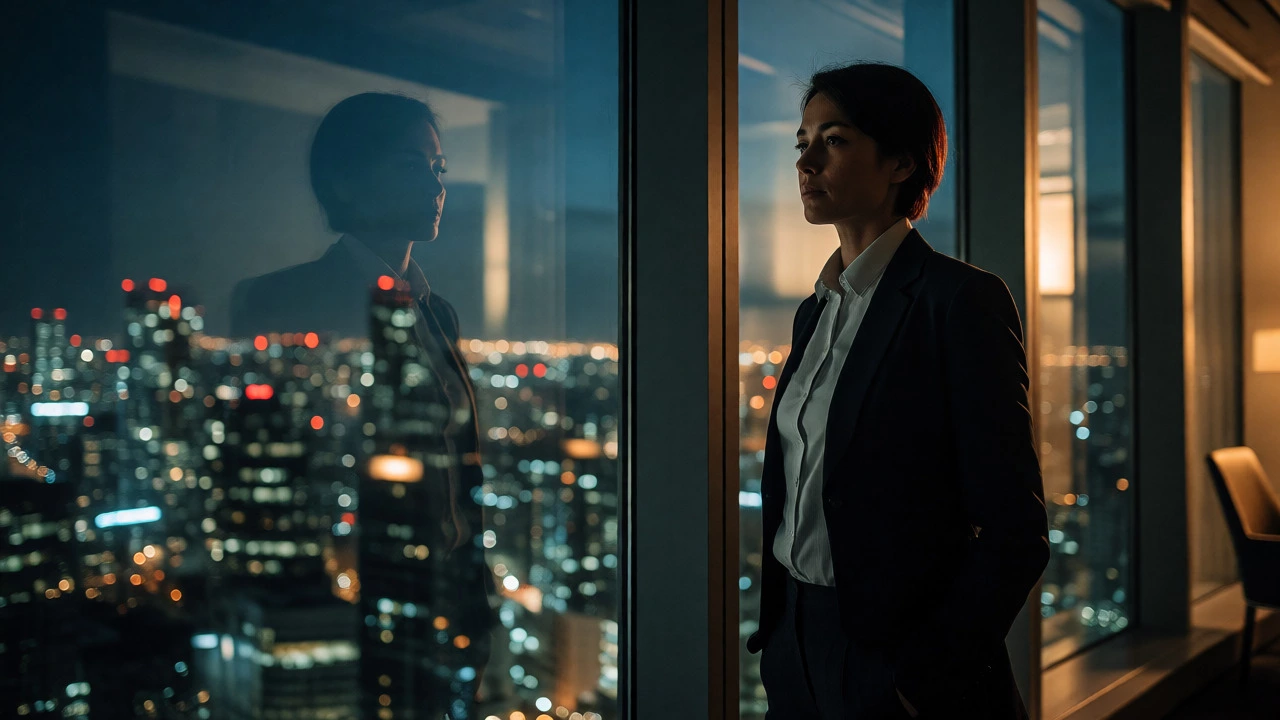 MBA graduate contemplating career path by city window