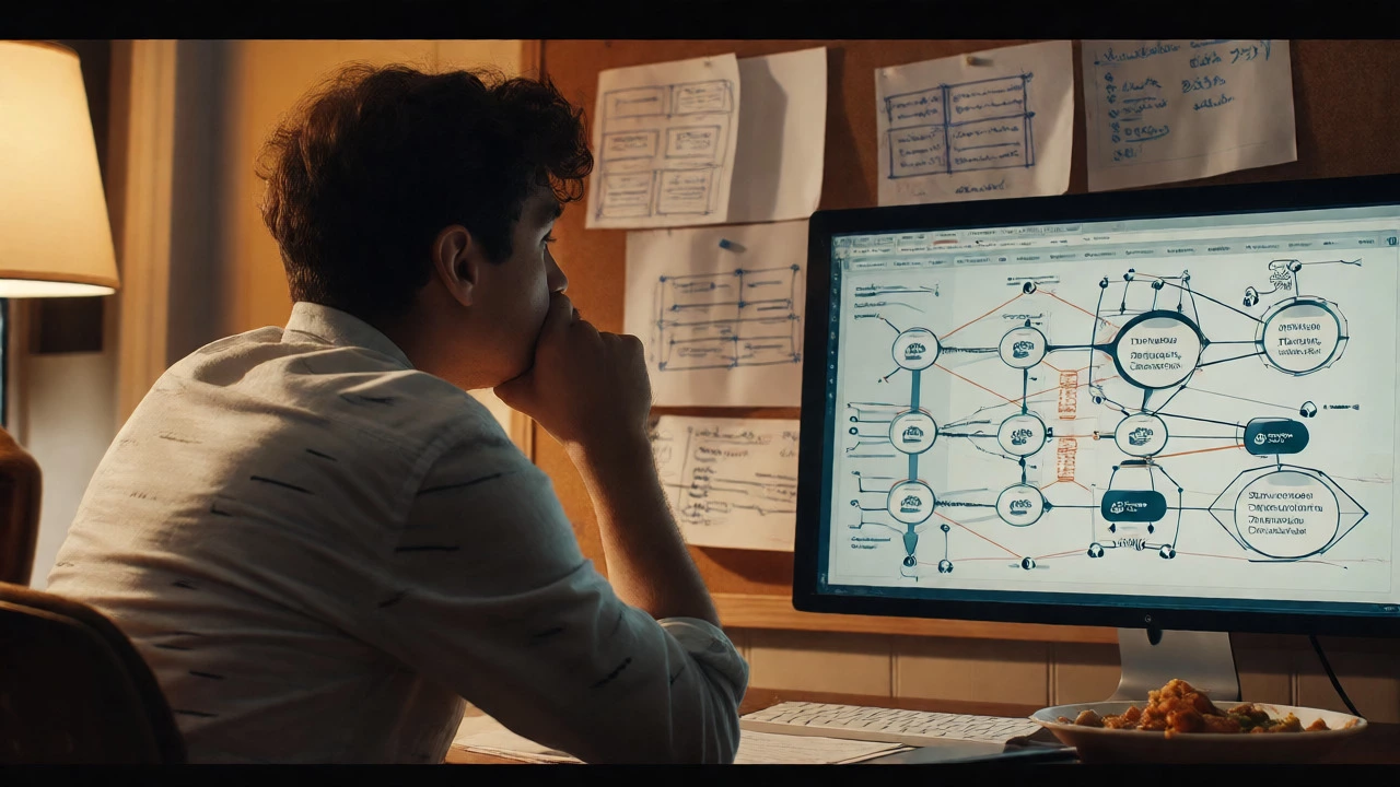 Person analyzing complex network diagrams on screen amidst study materials and notes.