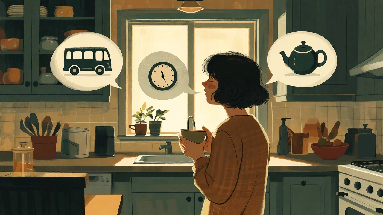Person narrating daily actions with icon speech bubbles in a cozy kitchen setting