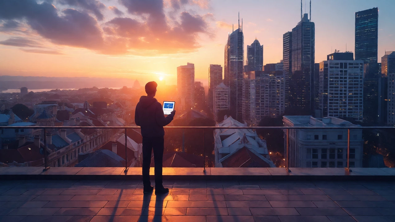 Professional looking at city skyline at sunrise with tablet